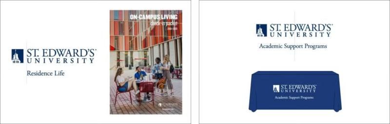 Examples of the St. Edward's lockup logo in centered and left aligned treatments