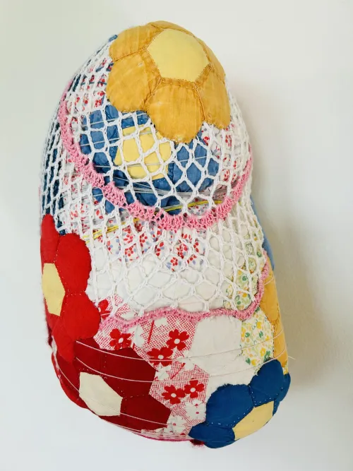 RYB II, repurposed textiles, hand-woven wool, polyfil, approximately 9” x 6” x 12”, 2026