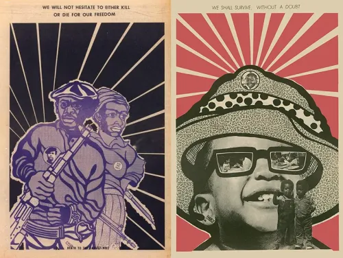 Publication spread of two images. Left image shows two men printed in purple with a black background. Right image shows a child printed in black, with a hat on, red background.