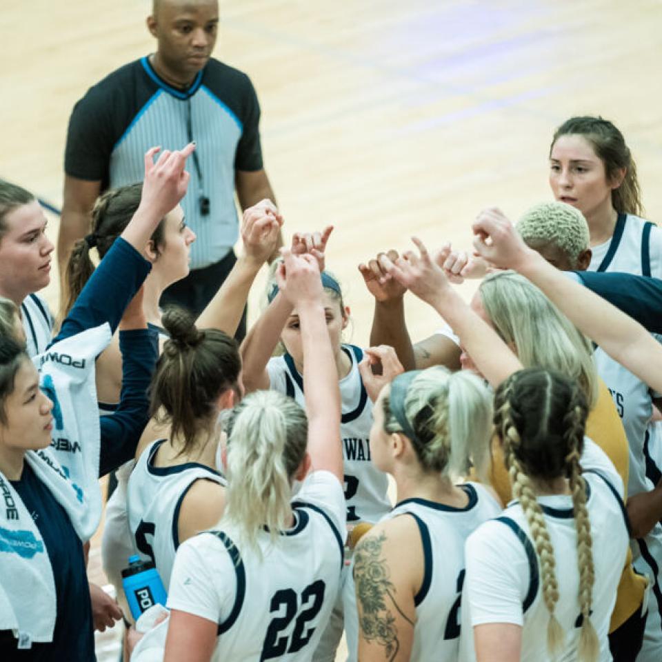 women's basketball team huddle