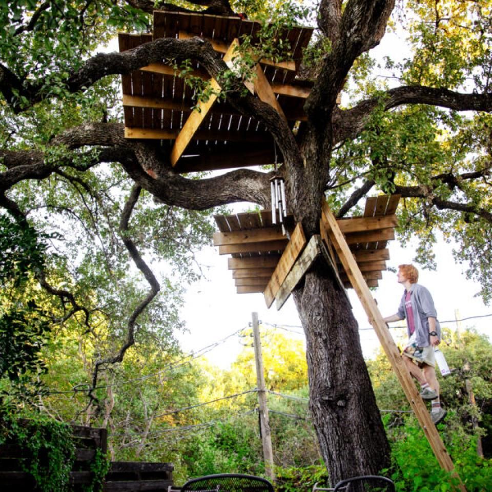 Ethan Burd climbs up his treehouse