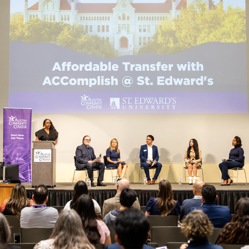 President Montserrat Fuentes joins the chancellor of Austin Community College and three transfer students for a group photo.