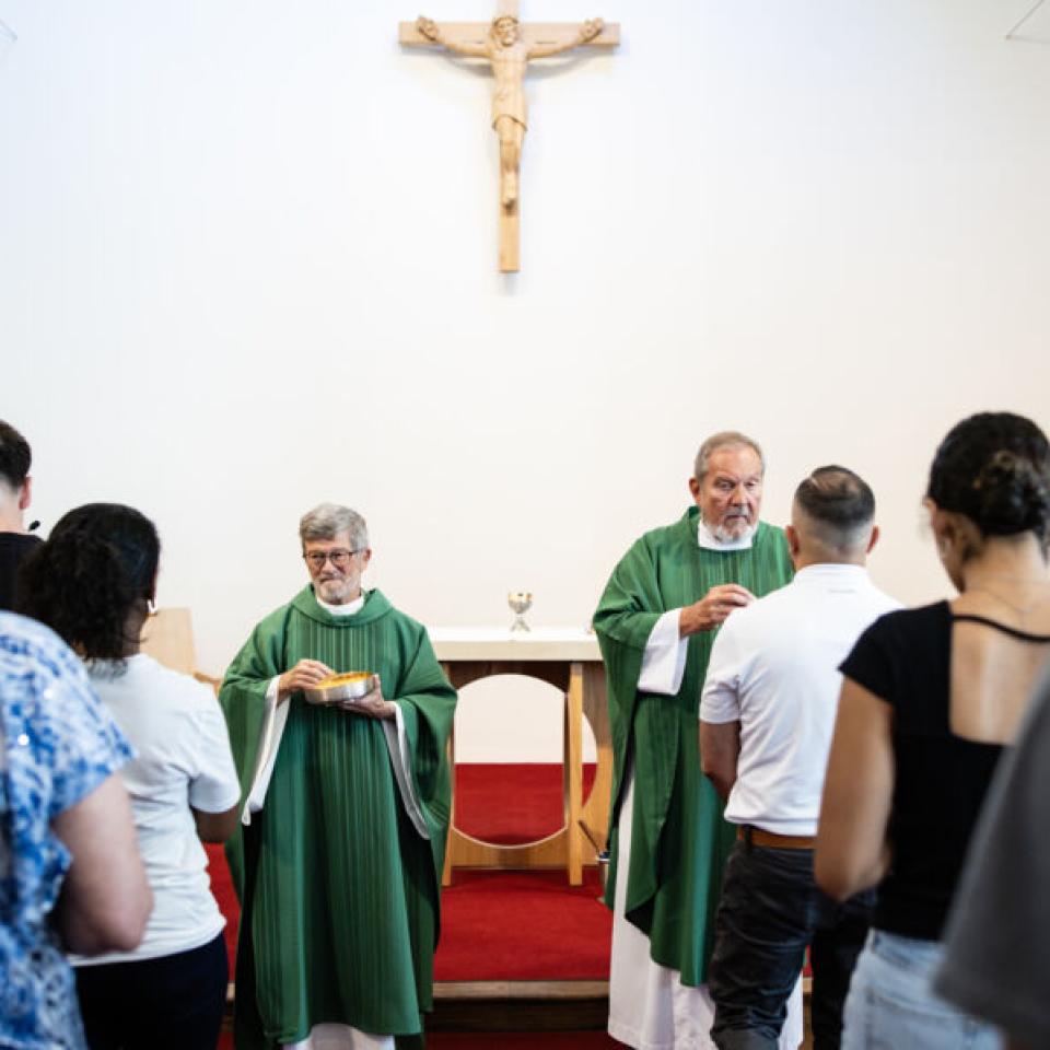 Hilltoppers gather for the Mass of Welcome inside of the Our Lady Queen of Peace Chapel.