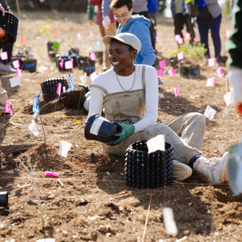 Hilltoppers planting trees and shrubs at the first-ever Tiny Forest in Austin, which is located at St. Edward's.