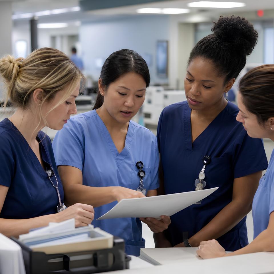 Healthcare team of nurses in blue