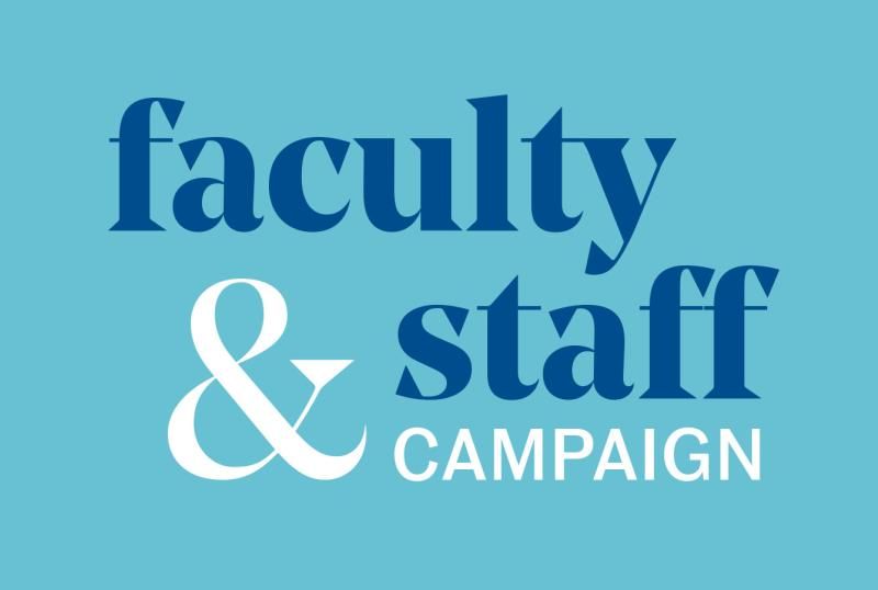 The image displays text on a blue background. The text reads "faculty & staff CAMPAIGN" in white and dark blue letters, with the word "faculty" in a larger font size than the other words. The ampersand is stylized and prominent between the words "faculty" and "staff." This image is likely used for promotional or informational purposes related to a campaign involving faculty and staff at an institution.