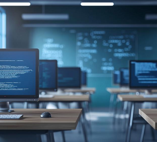 The image shows a modern classroom or computer lab with several desktop computers on wooden desks. Each computer screen displays lines of code. The background includes a chalkboard or whiteboard with blurred text and diagrams. The room is well-lit with large windows on the side, creating a clean and professional learning environment focused on programming or technology.