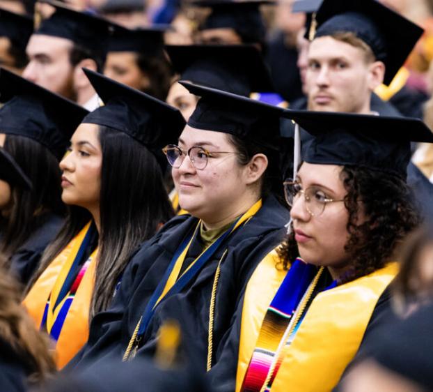 Graduates watching the Commencement speaker.
