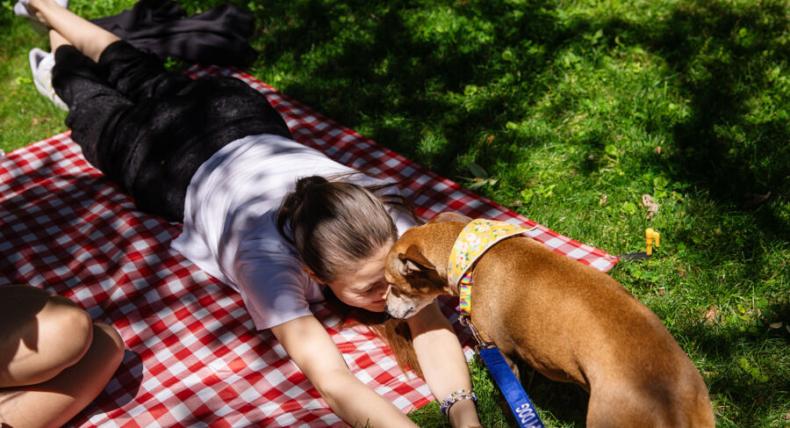 Student unwinds on dog therapys days offered by Recreation and Wellness.