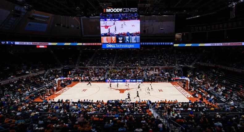 Wide shot of the basketball game between St. Edward's and UT