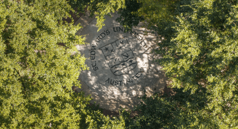 The university seal from a drone