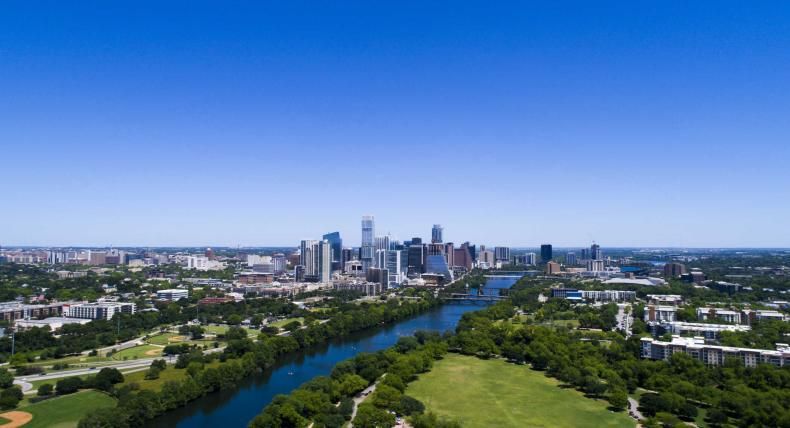Austin skyline view from a drone