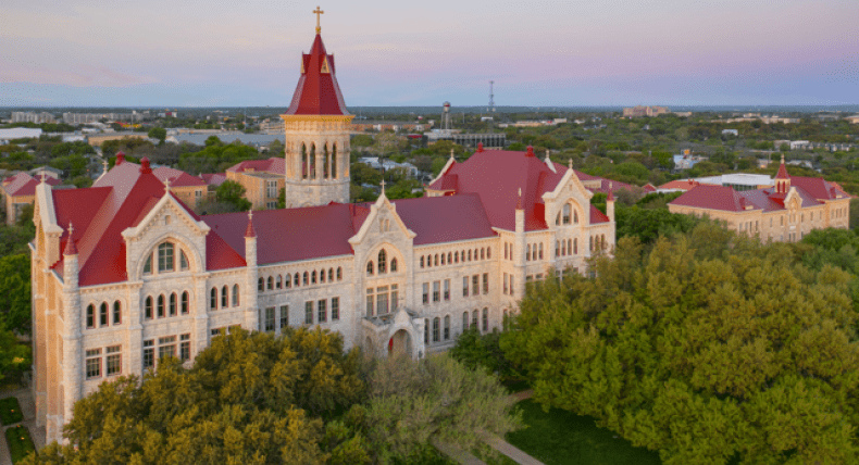 An aerial view of Main Building at sunset