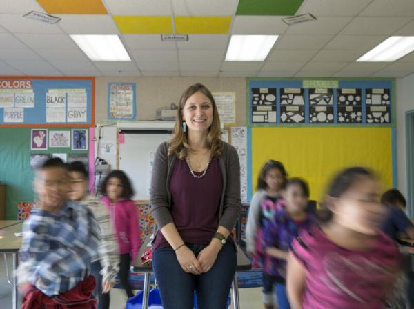 Jessica Foster poses in her classroom.