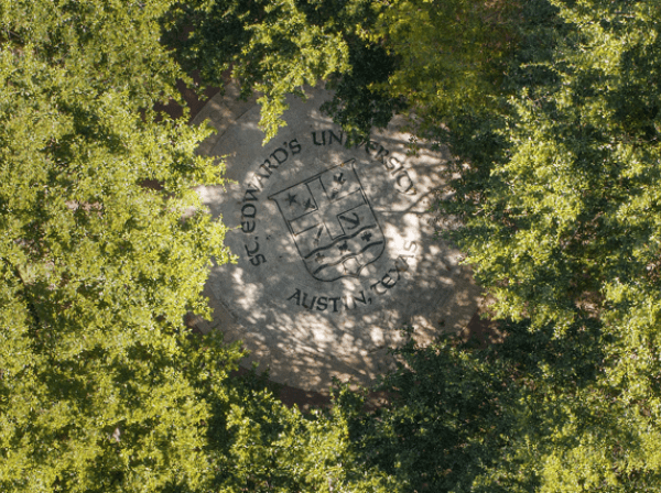 The university seal from a drone