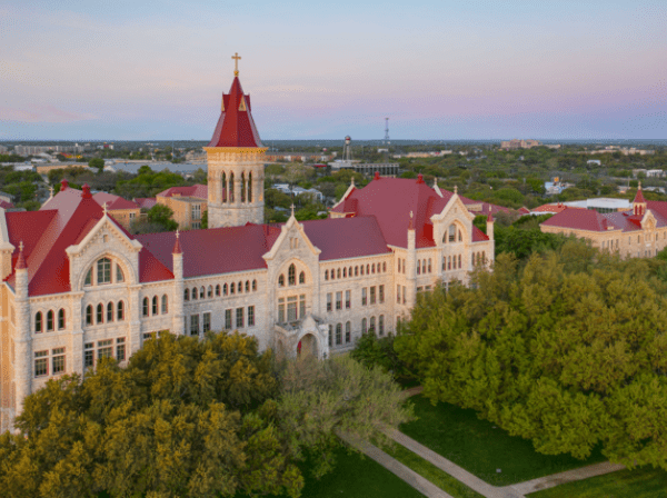 An aerial view of Main Building at sunset