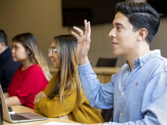 Students raising their hands to answer their professor's question in class.