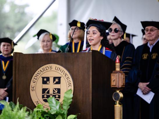 Commencement speaker giving her speech at graduation 