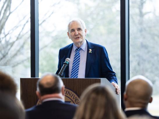 U.S. Representative Lloyd Doggett speaking at the grand opening for the School of Health Sciences reception.
