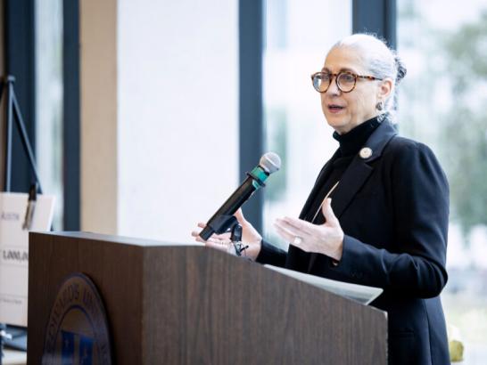 Texas House Representative Lulu Flores speaking at the grand opening for the School of Health Sciences reception.