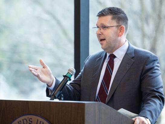 Andy Davis speaking at the grand opening for the School of Health Sciences reception.
