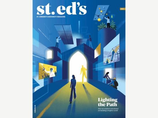 A blue illustration of a woman walking through a hall with images of St. Ed's around her