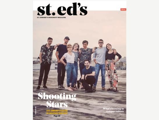 A group of 8 people poses on a rooftop with the phrase "Shooting Stars" underneath them