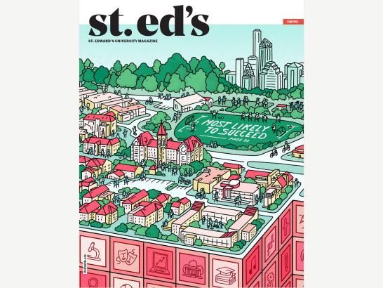 An illustration of St. Edward's University from above, the phrase "Most Likely To Succeed" is written on the soccer field