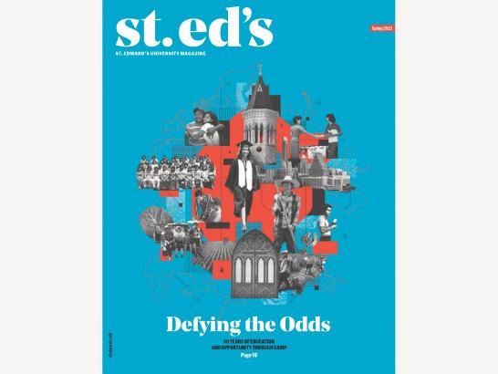 A black and white mosaic of St. Edward's buildings and students over a blue background