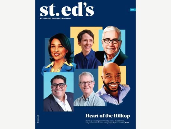 A collage of illustrations of men and women smiling over a blue background, with the words "Heart of the Hilltop" underneath them