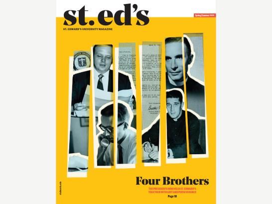The phrase "Four Brothers" underneath a collection of newspaper photos of 4 men, all over a yellow background