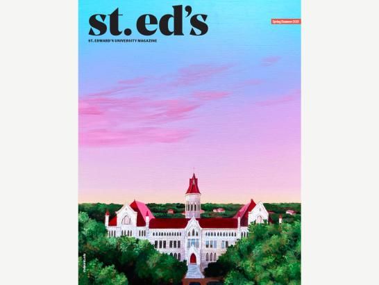 An illustration of St. Edward's University in front of a blue and pink sunset sky