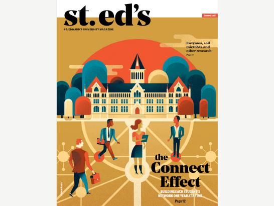 A retro-style illustration of 3 men and a woman standing in front of Main Building