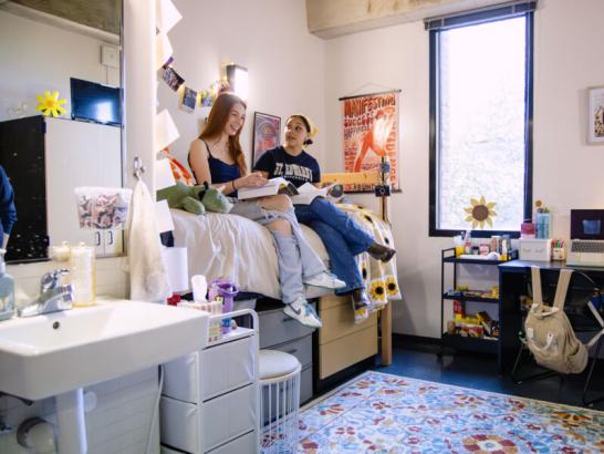 St. Edward's University students studying inside their dorm room. 