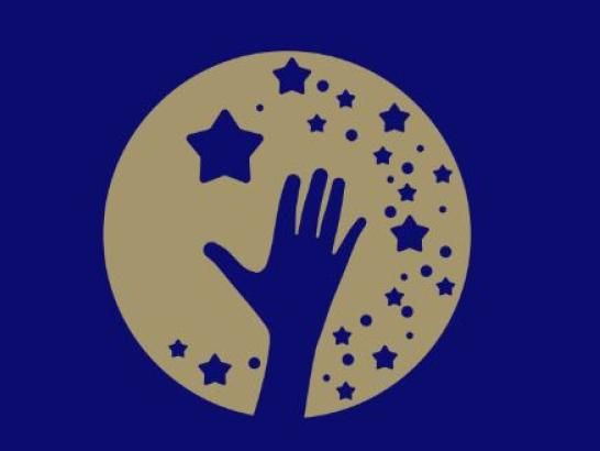 blue background with gold- hand reaching to stars