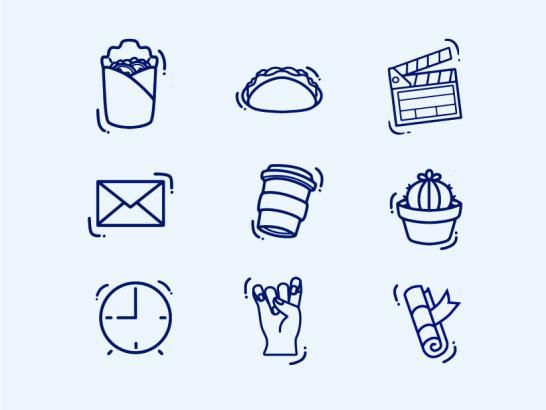 Several visual examples of line icons with motion lines, including a taco, cup of coffee and clock