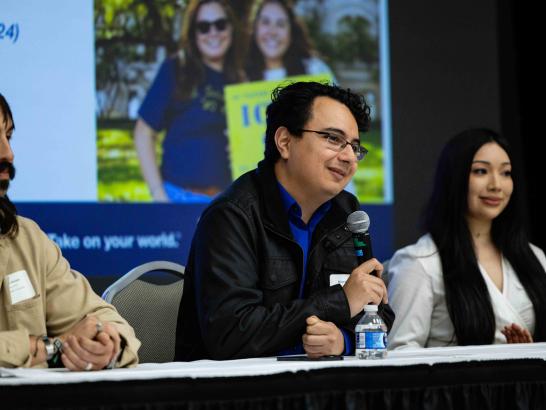 Alumnus Ricardo Lefranc Pierantozzi ‘24 speaks on the ACC and St. Edward's Building Bridges panel. 