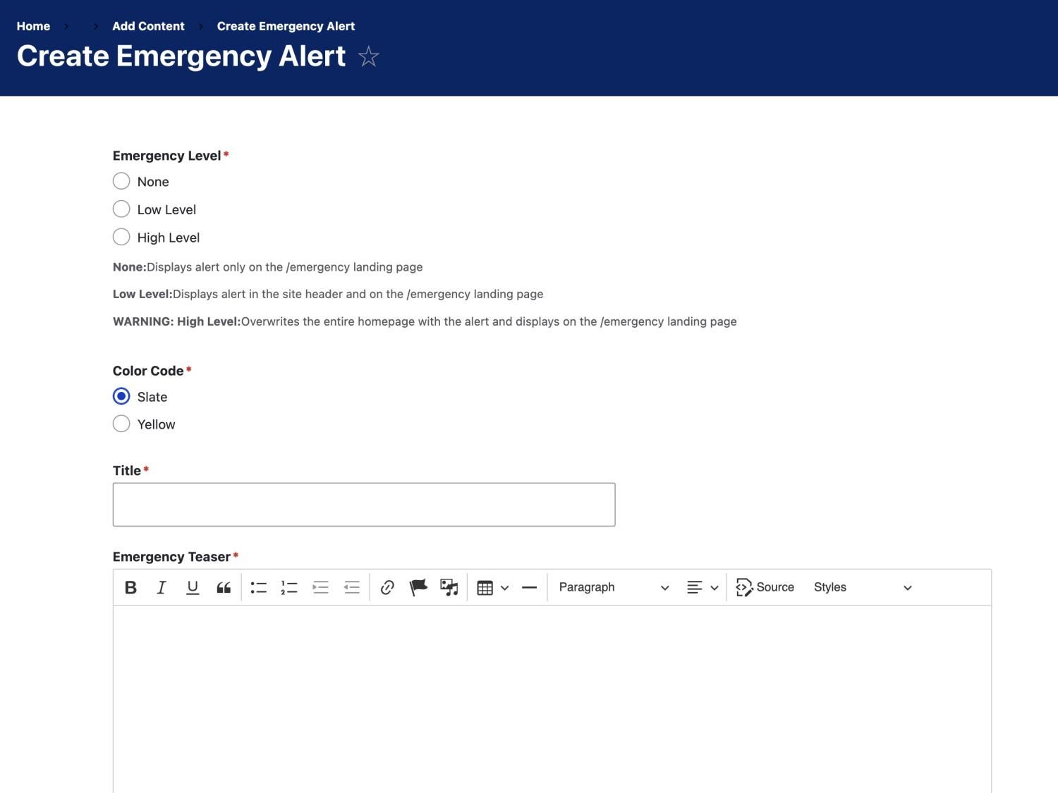 Screenshot of emergency alert editor