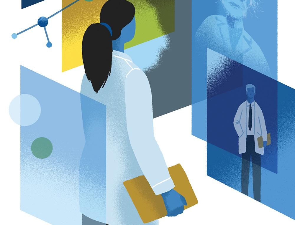 This illustration depicts a person in a lab coat, holding a folder, viewed from behind. The person is standing in front of a series of translucent panels displaying various scientific images, including other figures in lab coats and molecular structures. The color scheme is predominantly blue, with some yellow and green accents. The overall theme suggests a focus on scientific research, collaboration, or education.