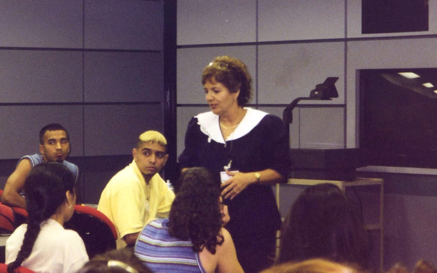 Former Director of CAMP at St. Edward's Esther Yacono at the alumni presentation at Enrichment Week, 1998