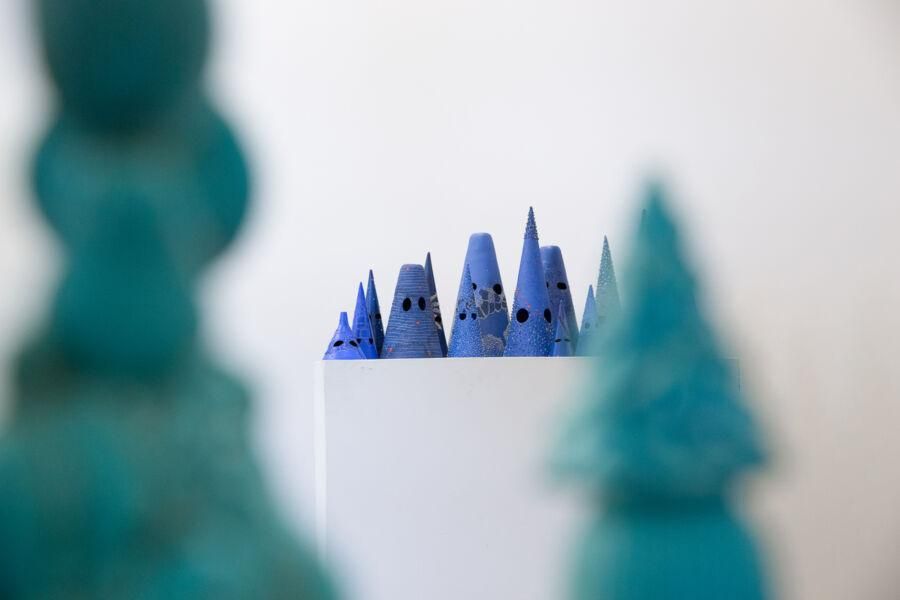 Varying blue cones created by artist Tammie Rubin.