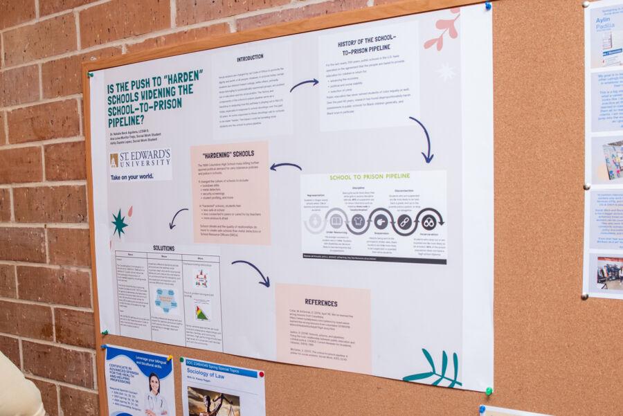 Bulletin board outside of a social work classroom displays how "hardening" schools is affecting the School-to-Prison Pipeline.