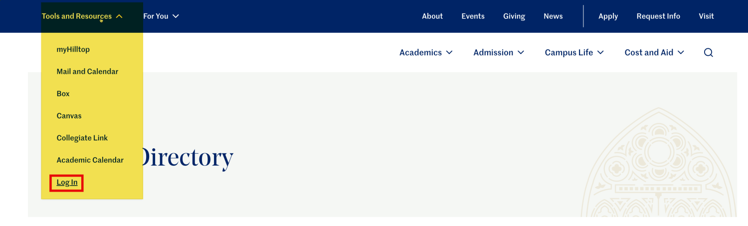 The image shows a website navigation menu under “Tools and Resources.” At the bottom of the menu, there is a “Log In” link highlighted with a red box. The website’s main navigation bar at the top includes categories like Academics, Admission, Campus Life, and Cost and Aid.