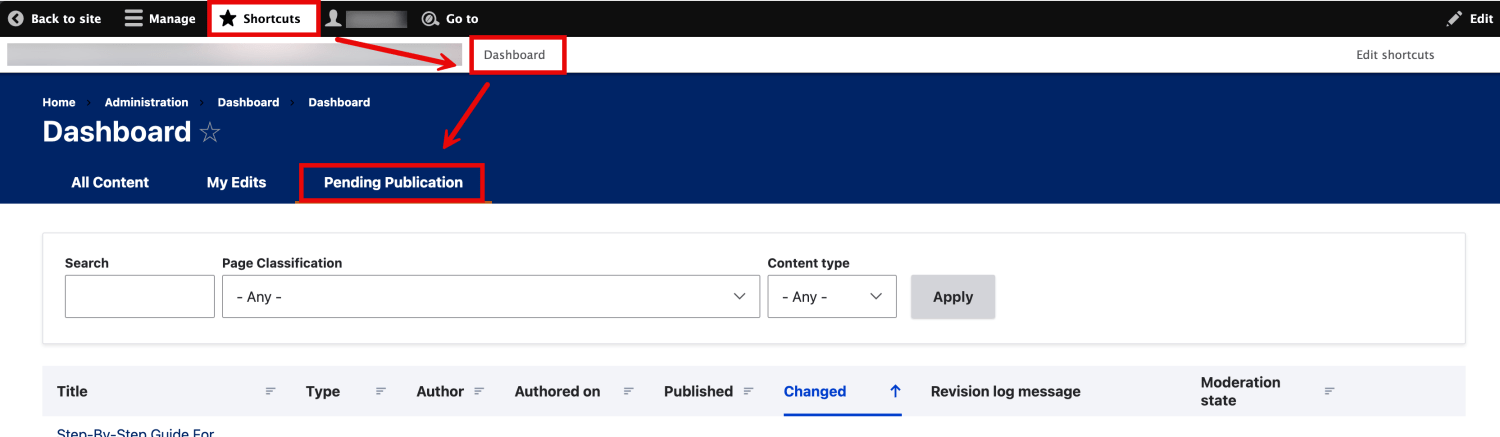 The image shows a Drupal administrative dashboard with the “Shortcuts” menu highlighted. The “Dashboard” page is open, and the “Pending Publication” tab is selected. 