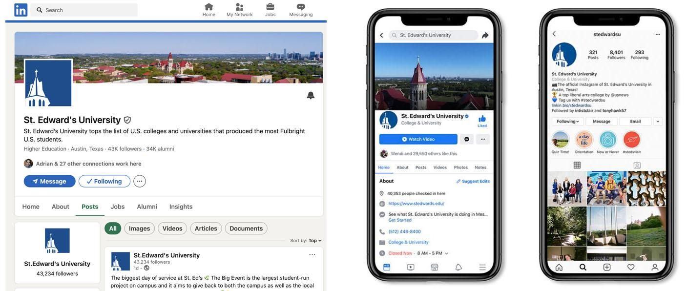 Visual examples of LinkedIn, Facebook and Instagram pages shown on mobile devices
