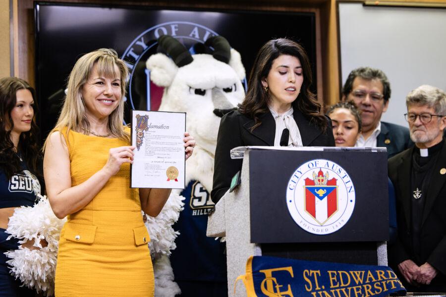 President Montserrat Fuentes and Austin Mayor Pro Tem Vanesa Fuentes celebrate proclamation honoring the 140th anniversary of St. Edward's.