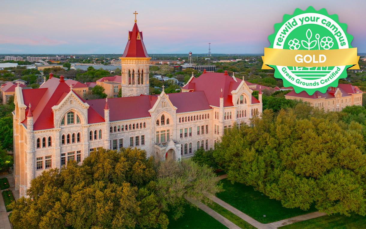 Badge for Green Grounds Gold Level Certification utilized on image of Main Building .