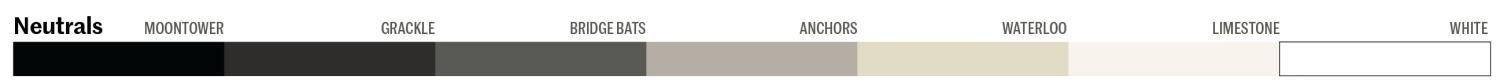 Example showing the colors of the Neutral palette, including various shades of black, dark gray, tan and white. These colors are named Moontower, Grackle, Bridge Bats, Anchors, Waterloo, Limestone and White.