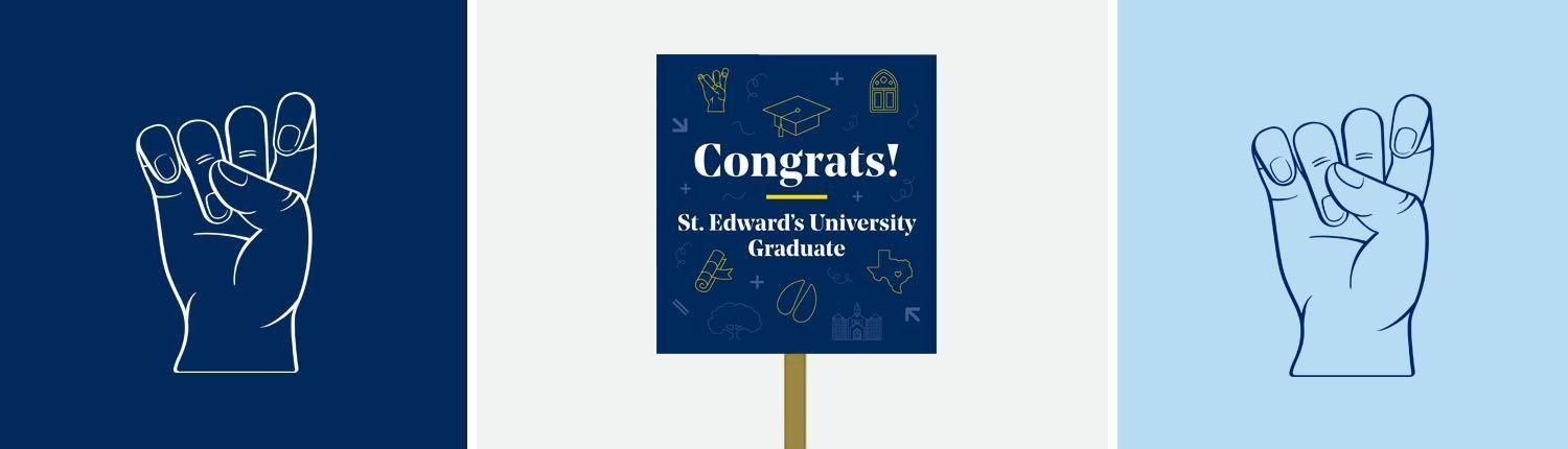 Visual examples of the Toppers Up Hand Sign, one in dark blue and white, one used on a graduation fan and one in dark and light blue.