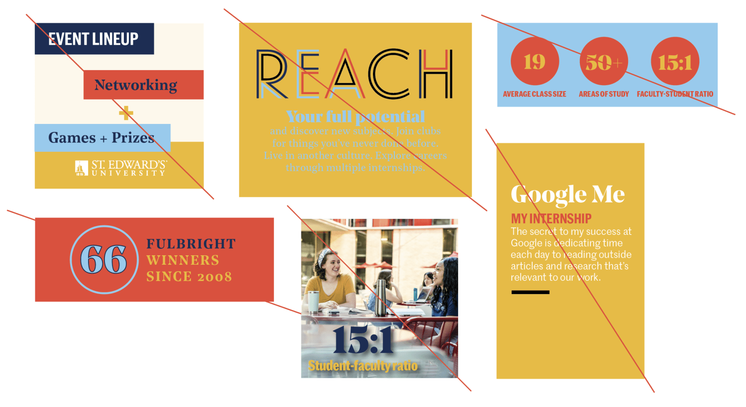 Examples of incorrect use of brand colors, most featuring the secondary palette as primary